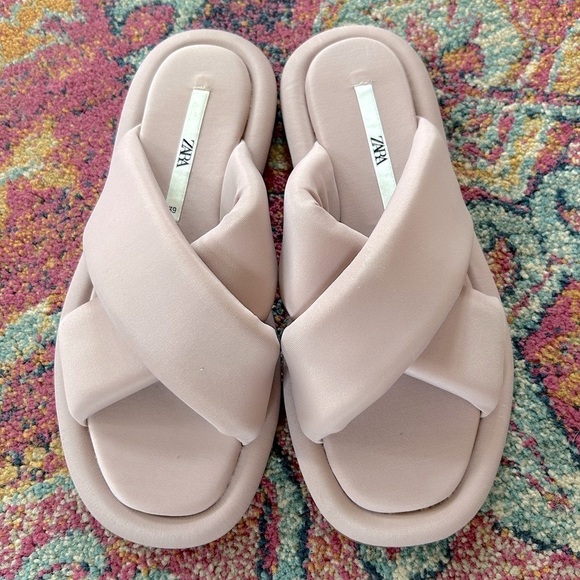 Zara | Women's Mauve Puffer Quilted Crossover Strap Slide On Flats, size 8.5 - Picture 11 of 16